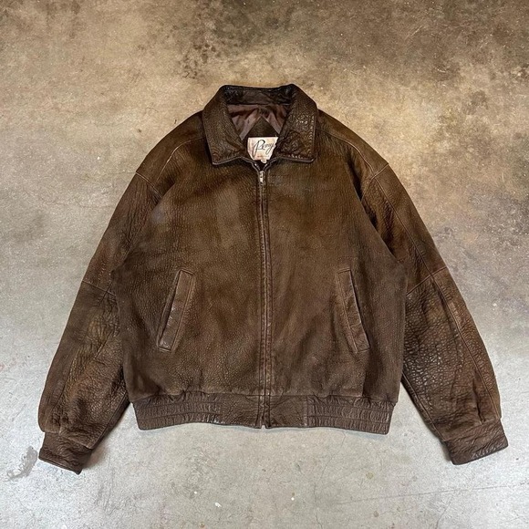 Remy Mens Vintage Brown Pebbled Leather Bomber Jacket Made in USA Mens Large